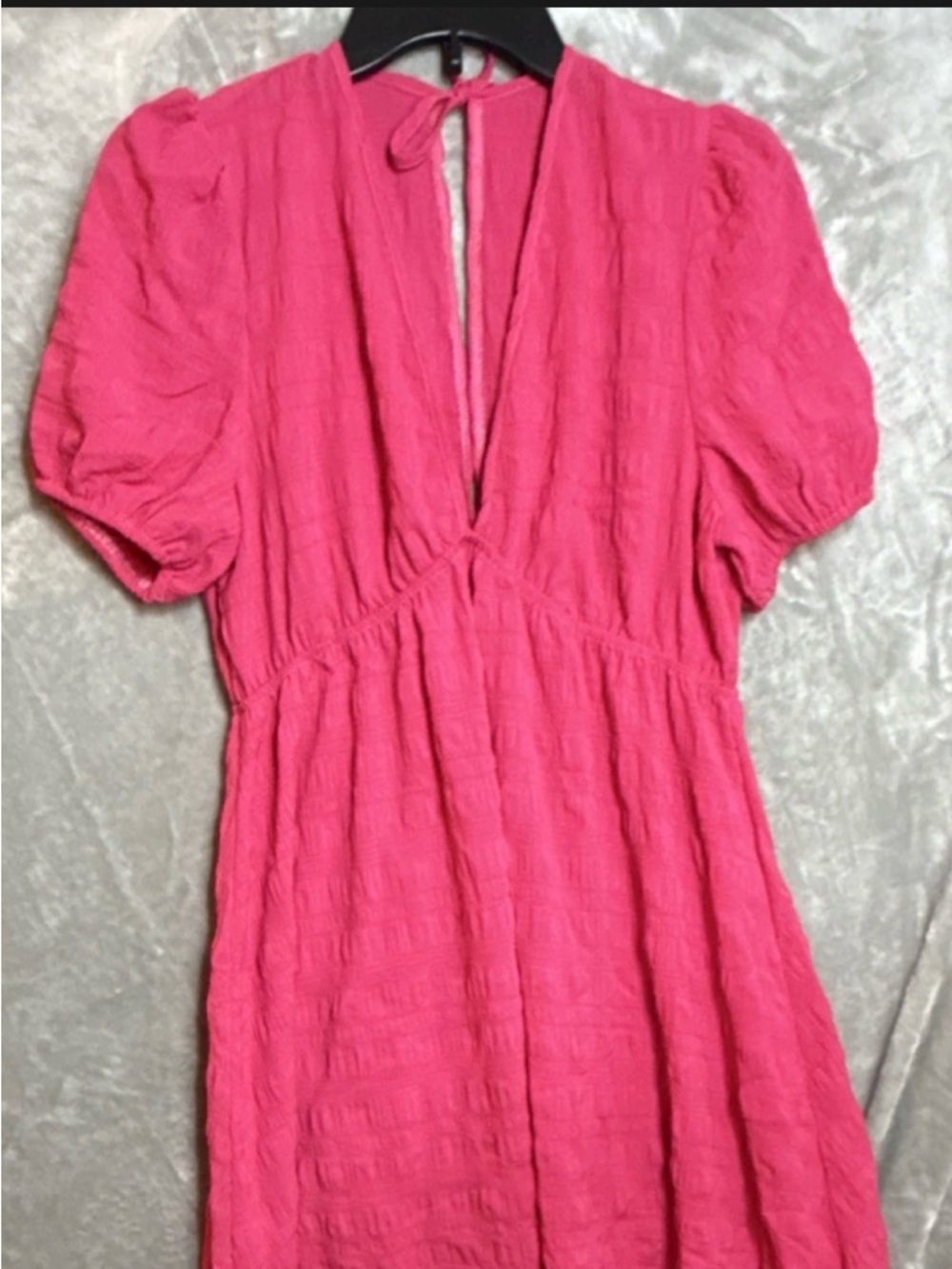 Pink L Short Puff Sleeve V-Neck A-Line Dress Tie Back  Woven Beach Cover up Boho